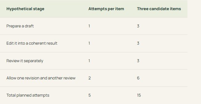 Hypothetical request-budget table: three candidate items use fifteen planned API attempts.