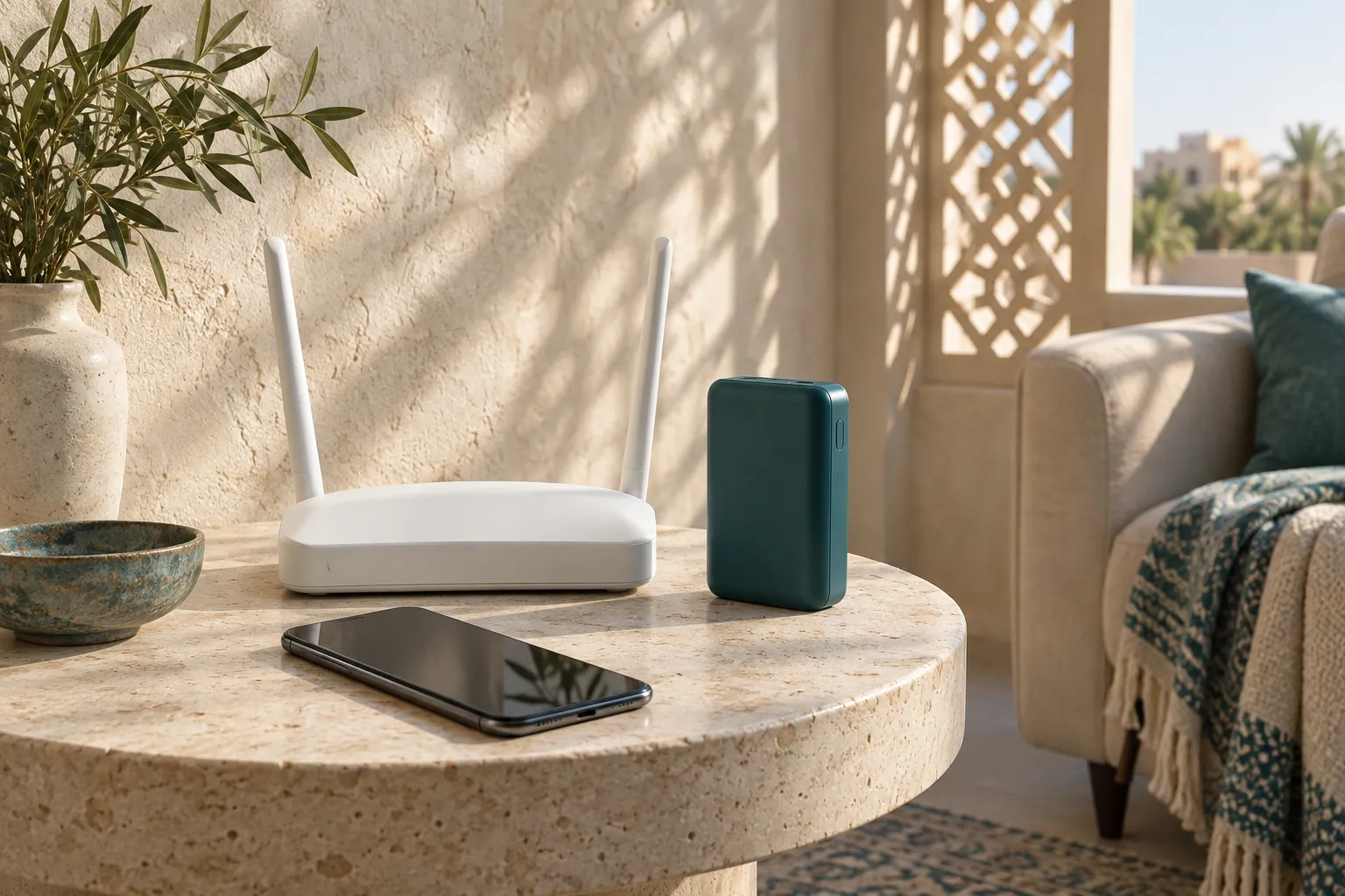 An unbranded router, portable battery and phone in a sunlit home.